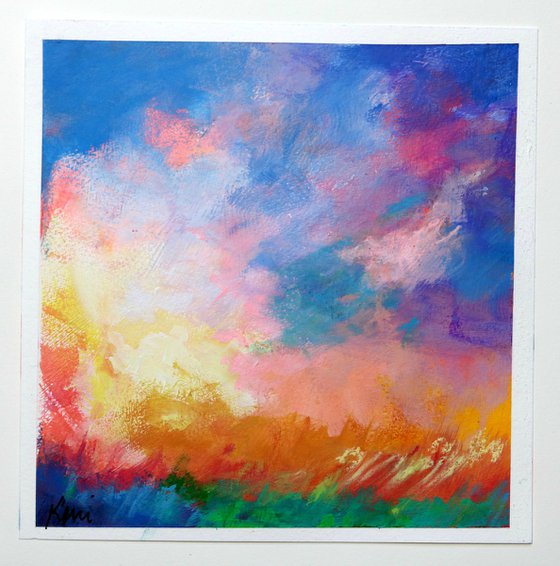 Sunburst 2 6x6" Colorful Sky Cloud Painting Impressionism on Paper