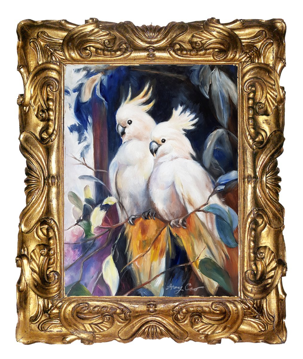 Impressionistic Animal Oil Painting By Henry Cao, 12 X 16, A Pair Of Parrots, Original Artwork