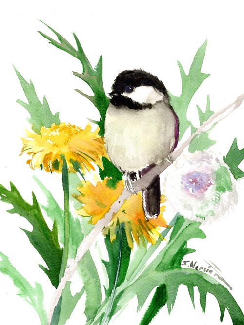 Chickadee Bird and Dandelion Flowers by Suren Nersisyan