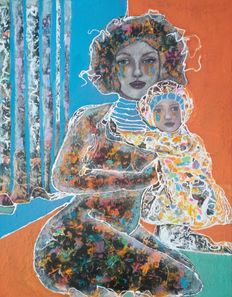 Expressive Portrait Acrylic Painting By Sylvie Oliveri, 28 X 35", The Links...mom With Her Daugther., Original Artwork