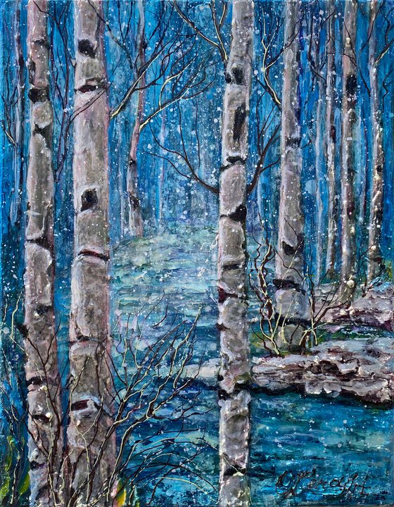 Winter Birch Trees -  Monochrome  in Blue Impasto Original Painting  (palette knife)