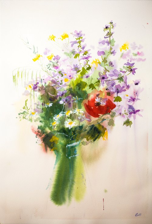 Wild flowers bouquet with poppies and malva 2. Soft evening light medium size summer painting by Sasha Romm