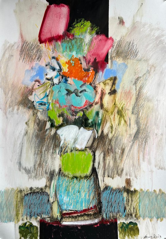 Still life with flowers  mixed media on paper