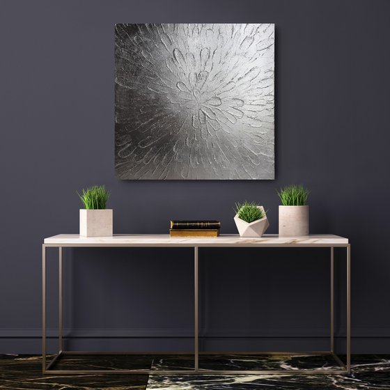 Silver Textured Flower Original Square Painting 24x24in 60x60cm Silver Leaf Artwork Abstract Flower