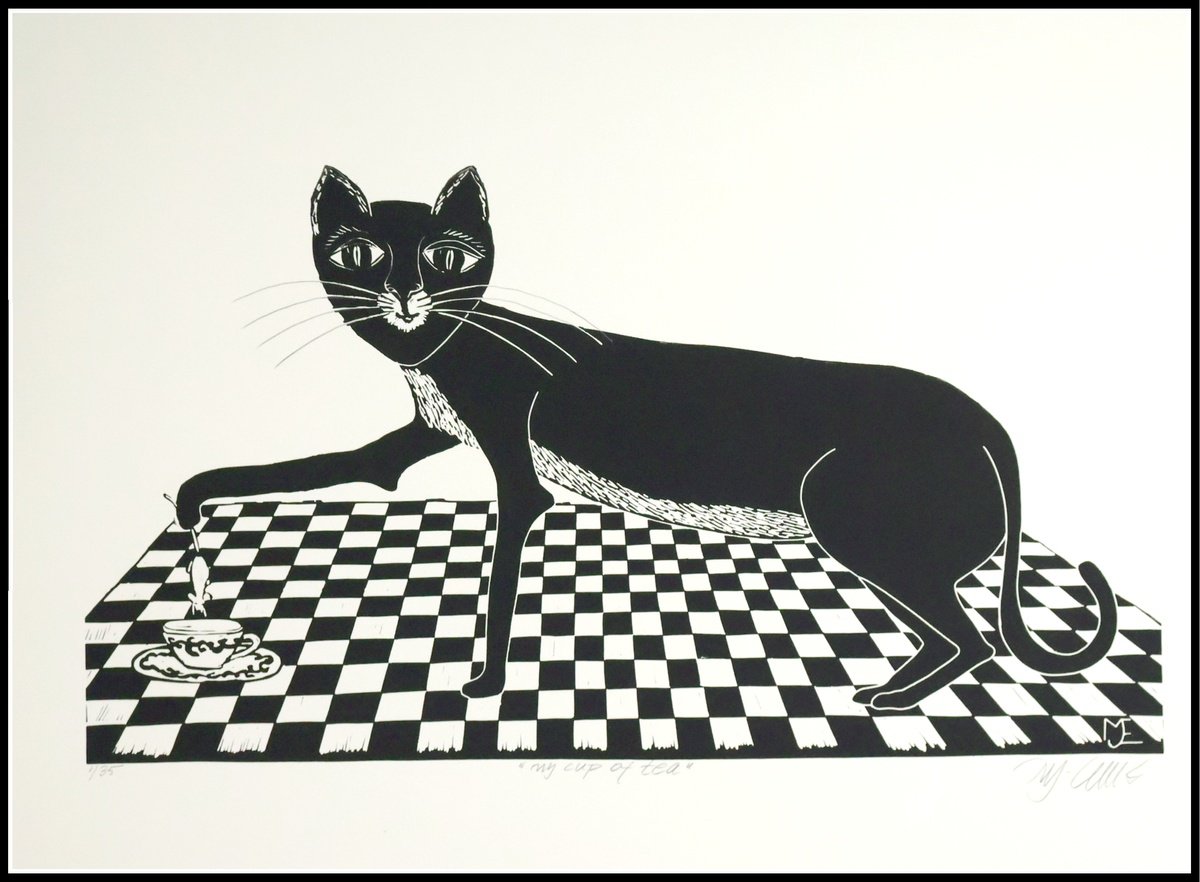 Illustrative Animal Linocut By Mariann Johansen-Ellis, 24 X 18", My Cup Of Tea, Original Artwork