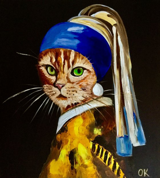 Cat with the pearl earring inspired by Vermeer painting modern home wall decor palette knife urban art feline art for cat lovers gift idea