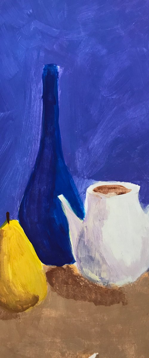 Still life with yellow pear and tepot on blue background by Anastasia Terskih