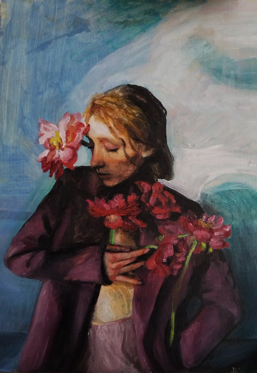 Portrait Oil Painting By Viktoria Deri, 12 X 17", Lady With Flowers, Original Artwork