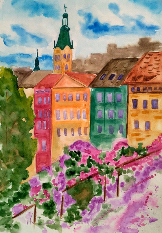 Lviv Painting Cityscape Original Art Roofs Watercolor Artwork Home Wall Art 10 by 14" by Halyna Kirichenko