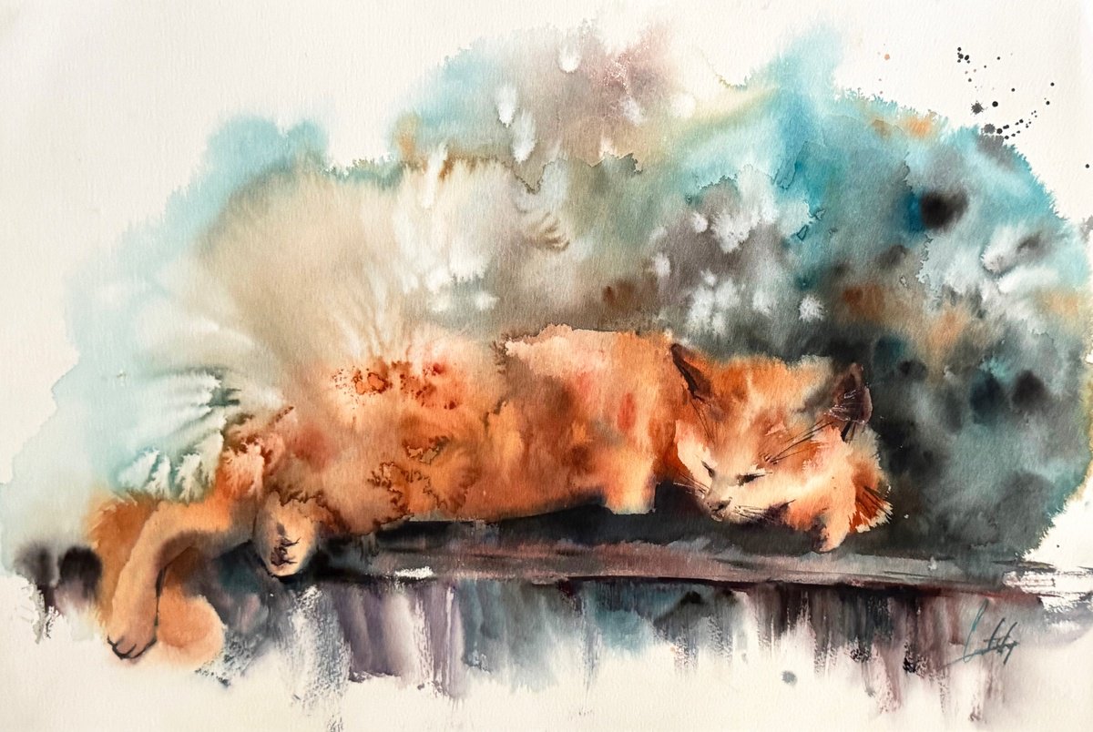 Expressive Animal Watercolour By Sophie Rodionov, 22 X 15", Sleeping Cat, Original Artwork