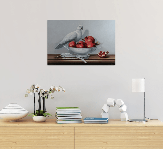 Still life with pomegranates and dove