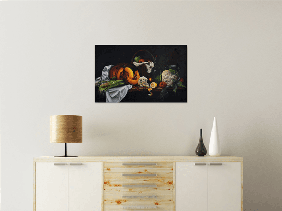 Still life with vegetables and cheese