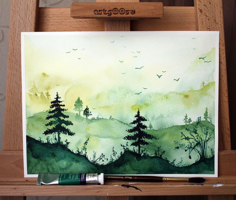 Sunny Forest Watercolour Painting 9 12 In 23x30 Cm Artwork On Professional Paper Green And Yellow Summer Colours Of Art Nature Landscape