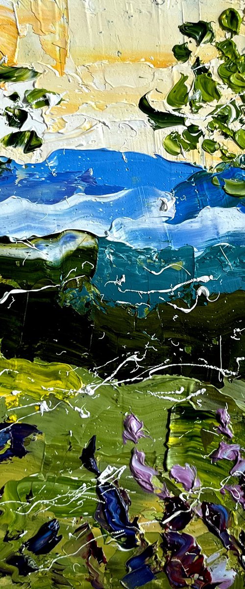 Alps Painting Mountains Original Art Barn Oil Impasto Cabin Artwork Landscape Wall Art 8 by 8" by Halyna Kirichenko by Halyna Kirichenko