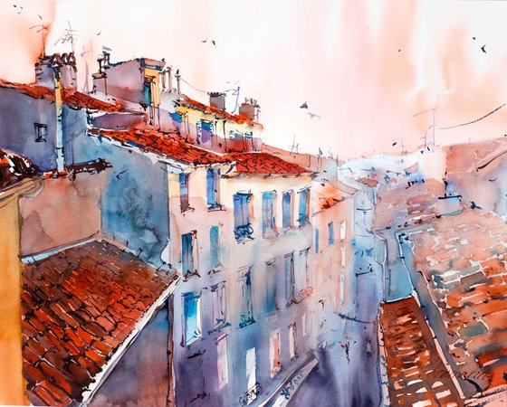 Roofs. Provence. Aix-en-Provence. Original watercolor picture