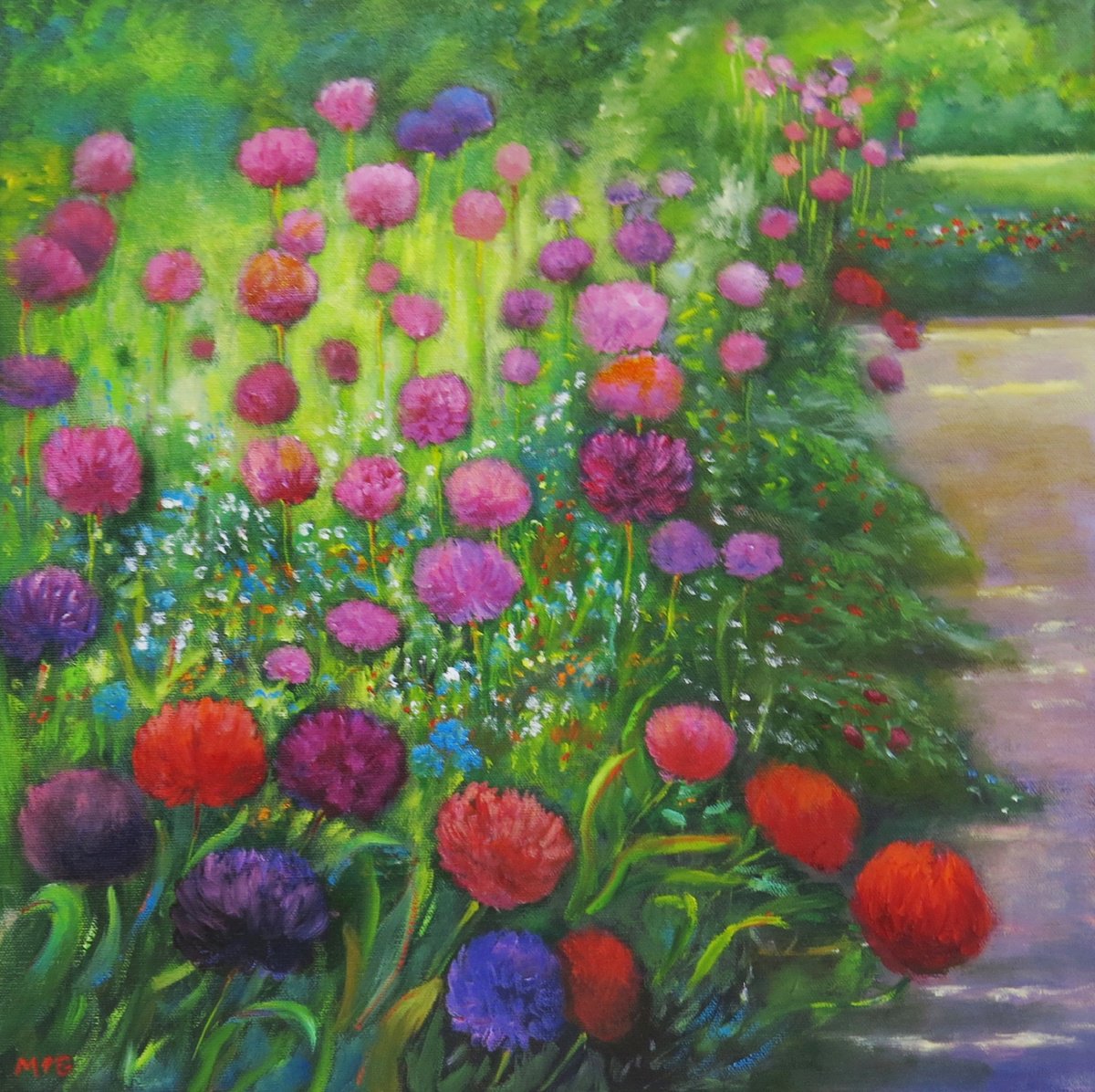 Impressionistic Botanical Oil Painting By Maureen Greenwood, 16 X 16", A Display Of Alliums, Original Artwork