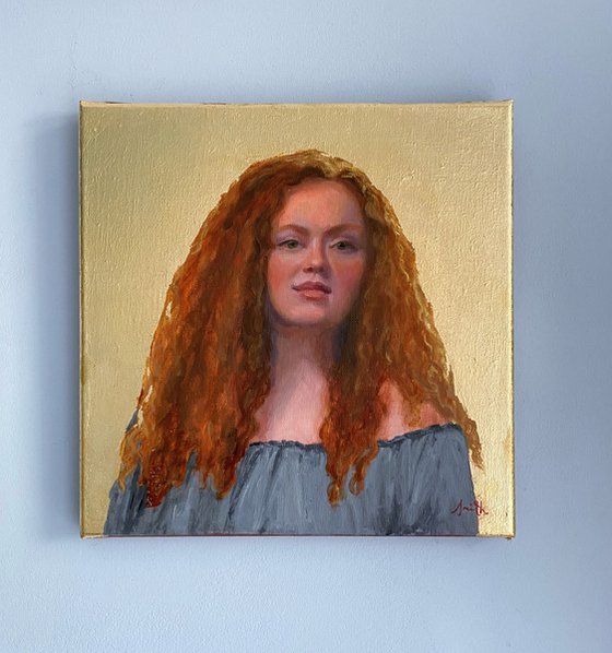 Classical Redhead Portrait with Gold-leaf : Contemporary Oil Painting.