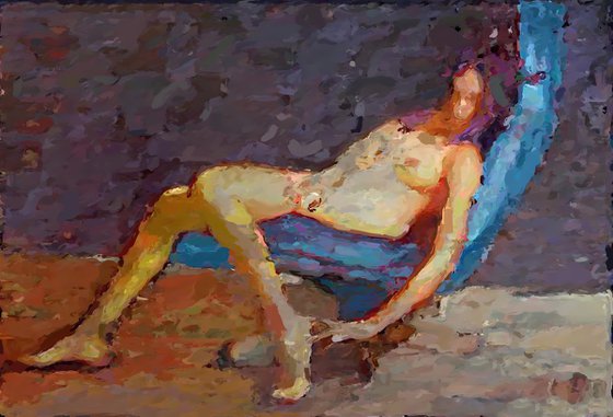 Purple Night, in blue armchair