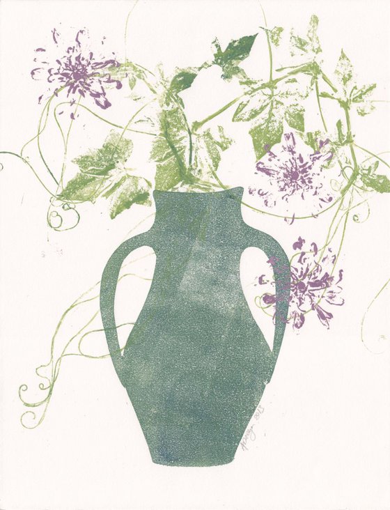 Green Vase with Wild Clematis