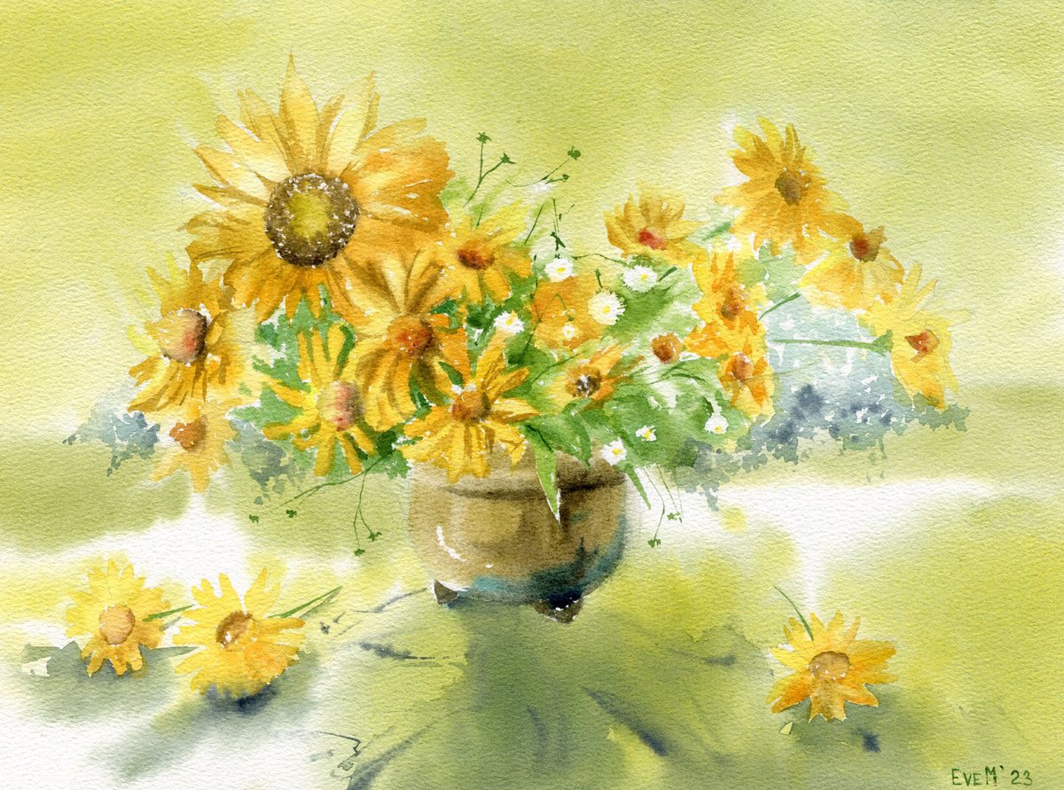 Summer bouquet of flowers in a vase. Sunflowers, chamomile and other meadow flowers. by Evgeniya Mokeeva