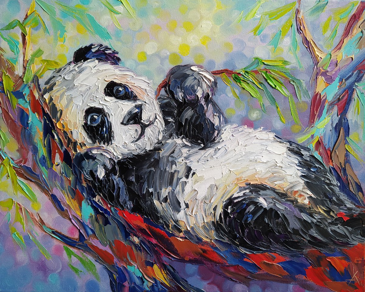 In a quiet place - oil painting on canvas, panda, baby, panda baby, little panda, animal by Anastasia Kozorez