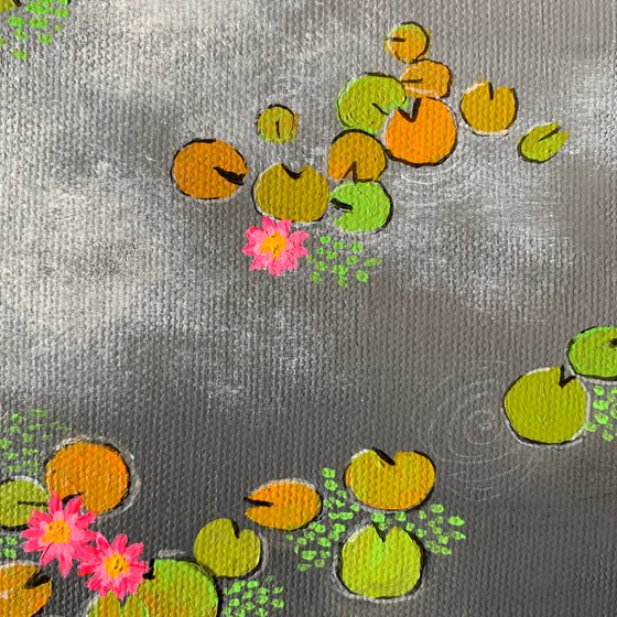 Grey water lilies III ! Small Painting!!  Ready to hang