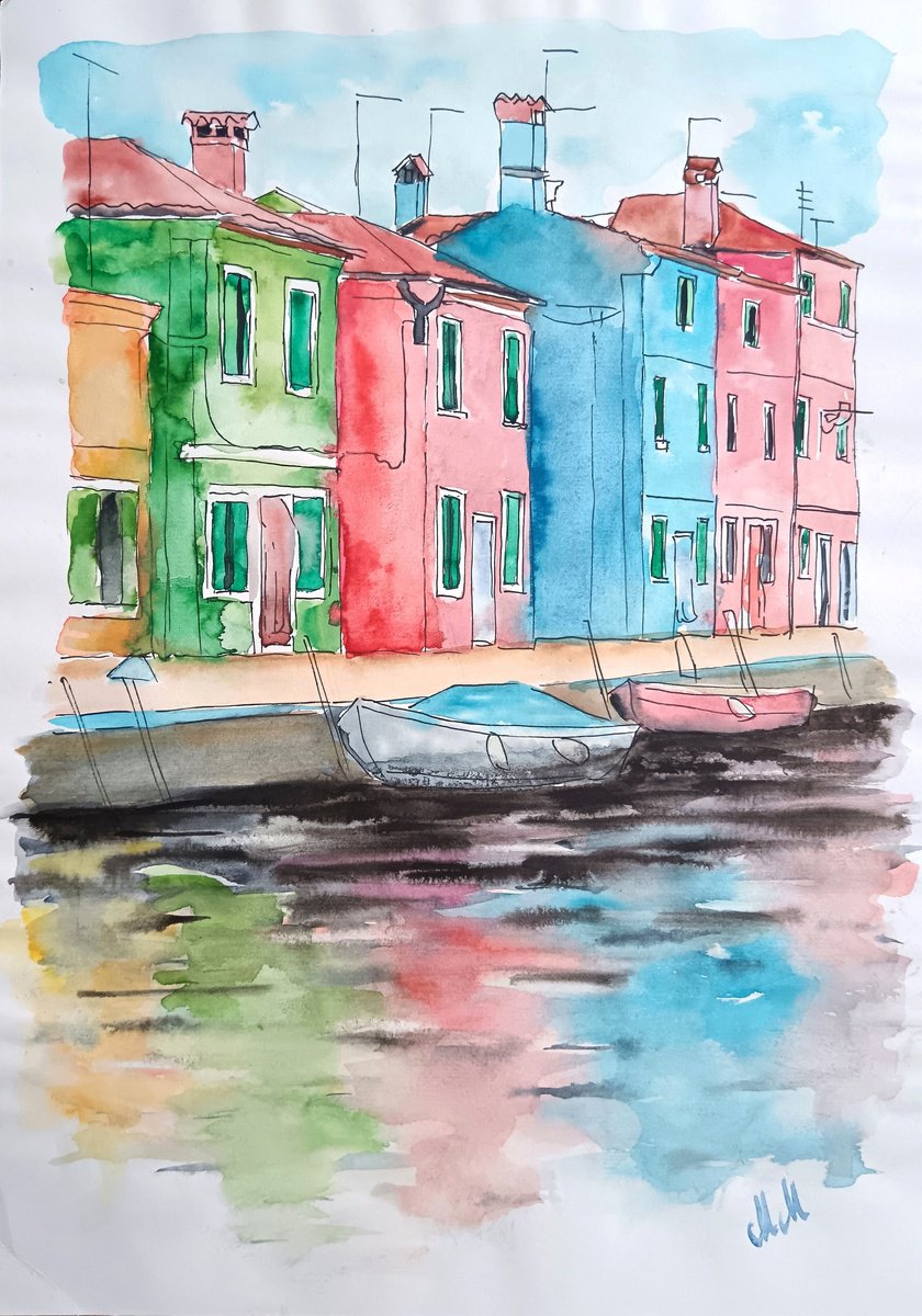 Impressionistic Landscape Ink Drawing By Mateja Marinko, 12 X 17", Colorful Seaside Town, Original Artwork