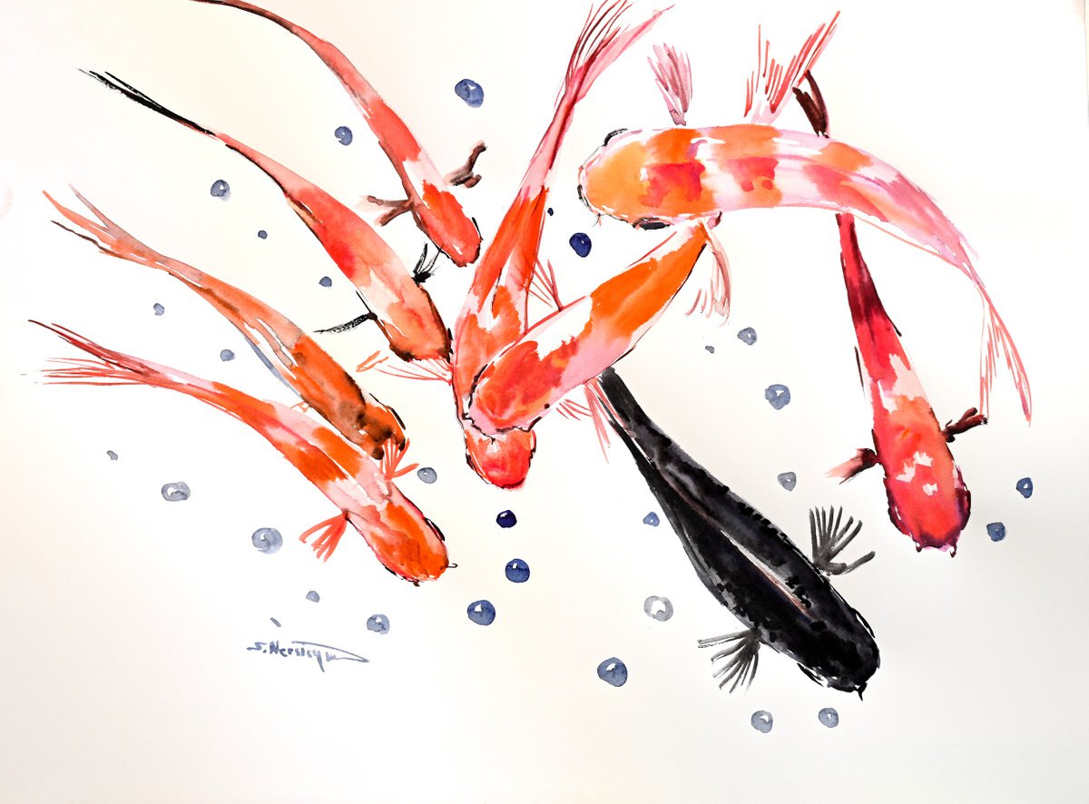 Animal Watercolour By Suren Nersisyan, 24 X 18", 9 Koi Fish Painting, Original Artwork