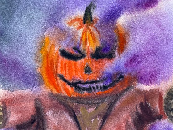 Halloween Watercolor Painting Original, Scarecrow Artwork, Spooky Season Wall Art