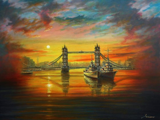 SUNSET OVER THE TOWER BRIDGE, oil on canvas, 30% OFF SALE !  free shipping, beautiful scene, london, tower bridge