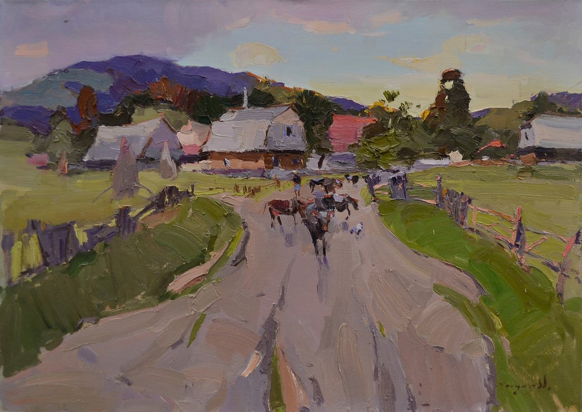 Impressionistic Landscape Oil Painting By Alexander Shandor, 31 X 24, Herd Of Cows, Original Artwork