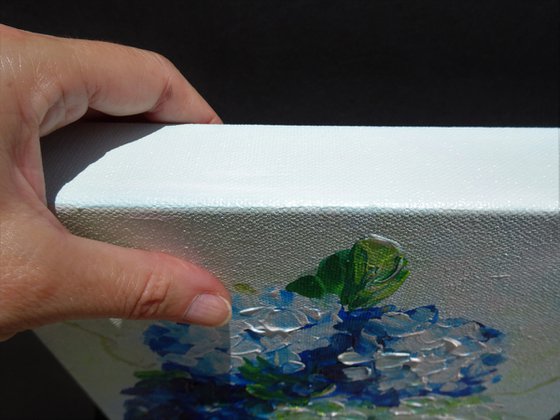 White and Blue Hydrangea Small Painting on Canvas. Modern Impressionism Contemporary Art