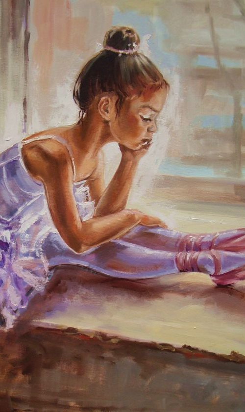 100x 70cm " LITTLE THINKER ... "- ballerina WINDOW light  ORIGINAL OIL PAINTING, GIFT, large format big size by Monika Luniak