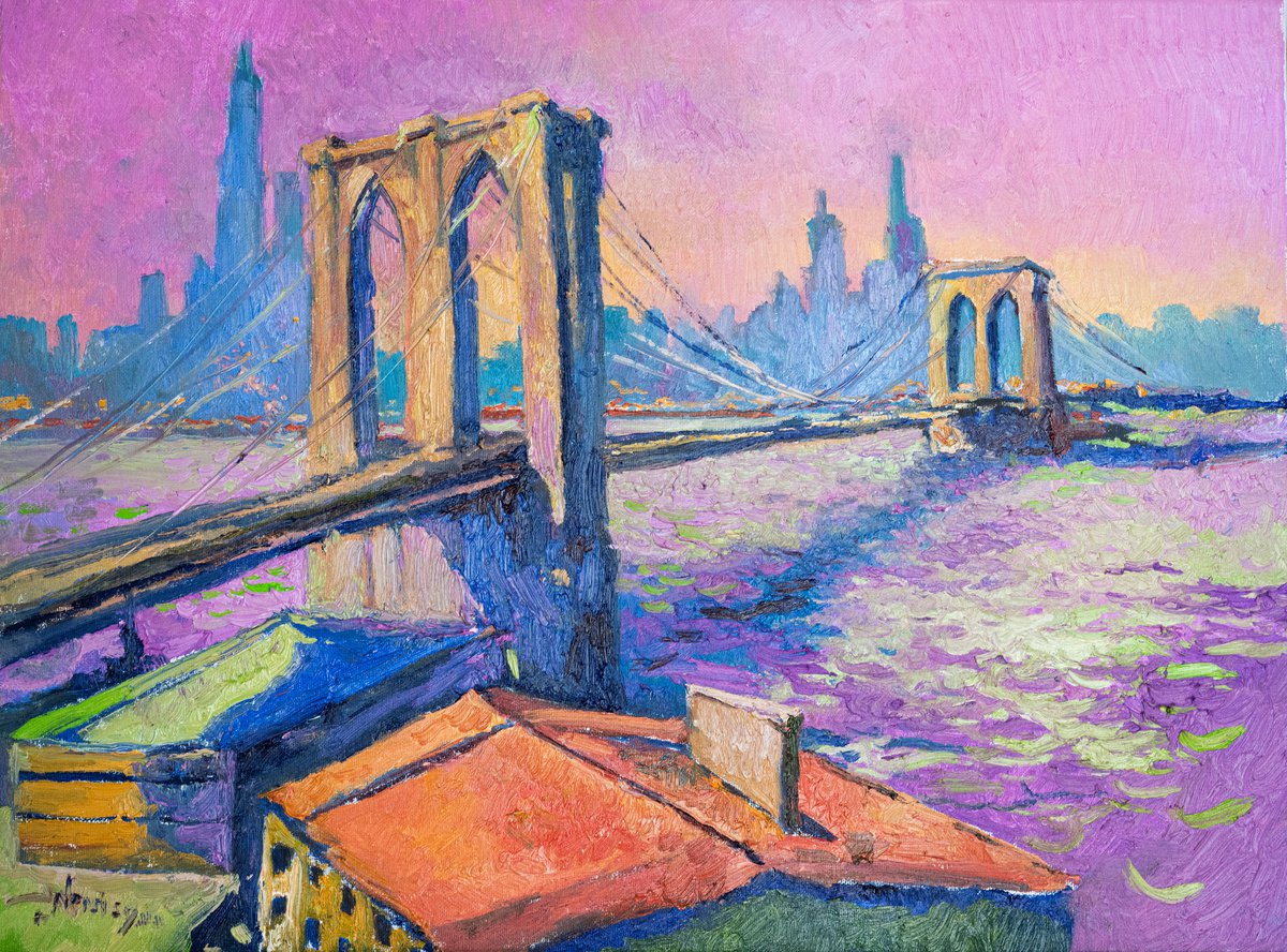Brooklyn Bridge in New York, Evening in Pink by Suren Nersisyan