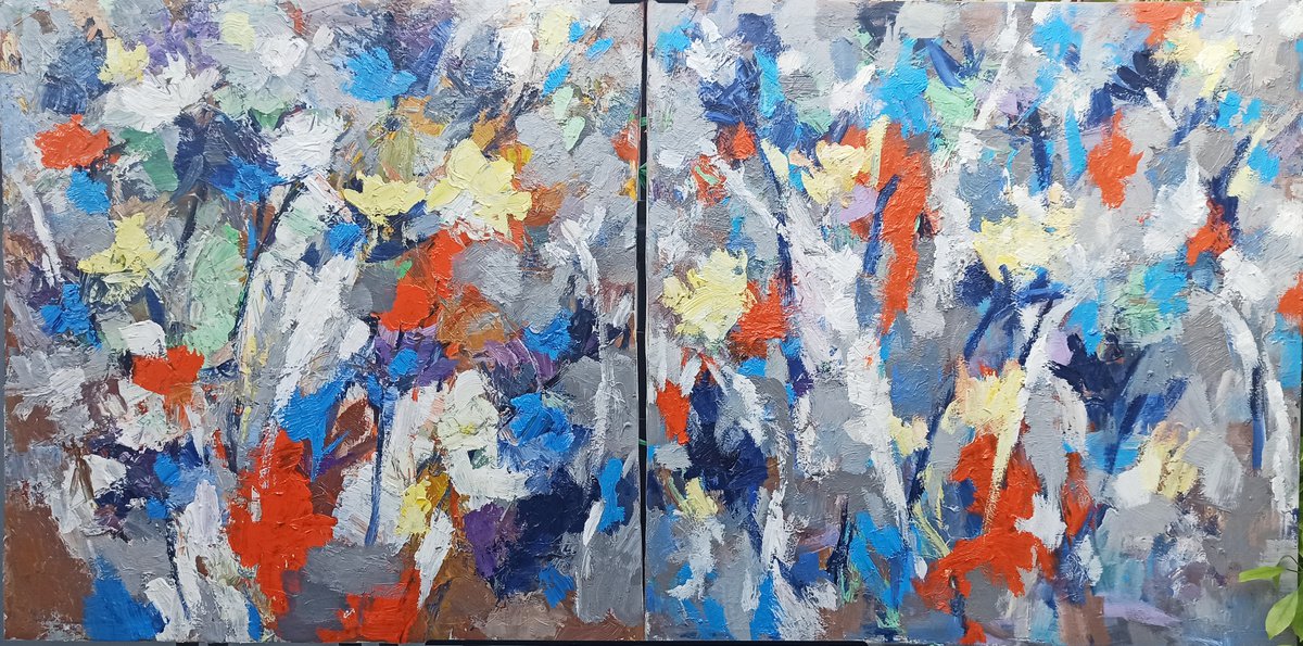 Abstract Botanical Acrylic Painting By Anh Tuan Le Le, 55 X 28, Garden Summer, Original Artwork