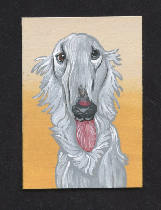 ACEO ATC Original Miniature Painting  Borzoi Irish Wolfhound  Pet Dog Art-Carla Smale