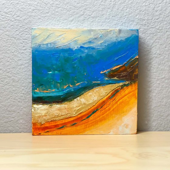 River Shore: Original Miniature Painting Abstract Landscape Oil Textured with Palette Knife Inspired by Columbia River
