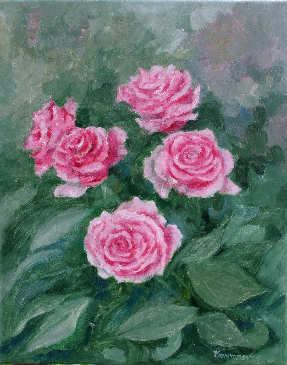 Impressionistic Botanical Oil Painting By Juri Semjonov, 16 X 20", Red Garden Roses, Original Artwork