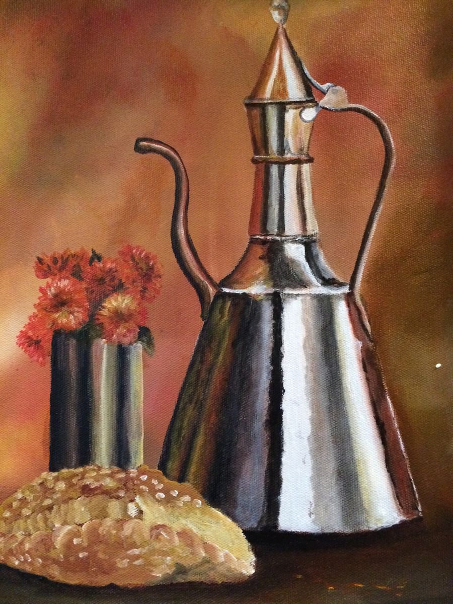 Silver Antique Kettle Original Oil Painting in a gorgeous frame 12x16 by Mary Gullette