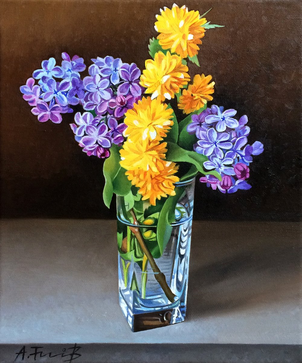 Photorealistic Still Life Oil Painting By Alexander Titorenkov, 10 X 12, Still Life With Lilac, Original Artwork