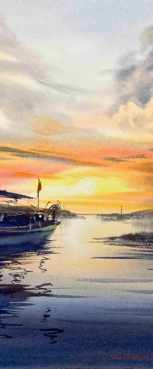 Boat at sunset by Eugenia Gorbacheva