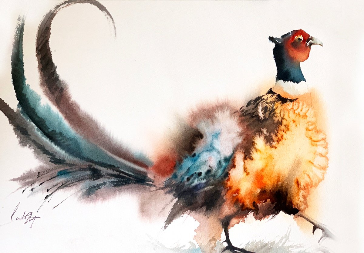 Impressionistic Animal Watercolour By Sophie Rodionov, 22 X 15", Pheasant, Original Artwork