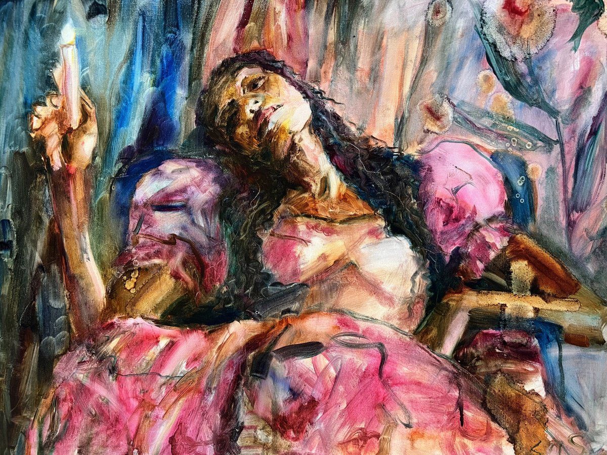 Expressive Portrait Oil Painting By Liubou Sas, 31 X 24", Miracle Comes Suddenly, Original Artwork