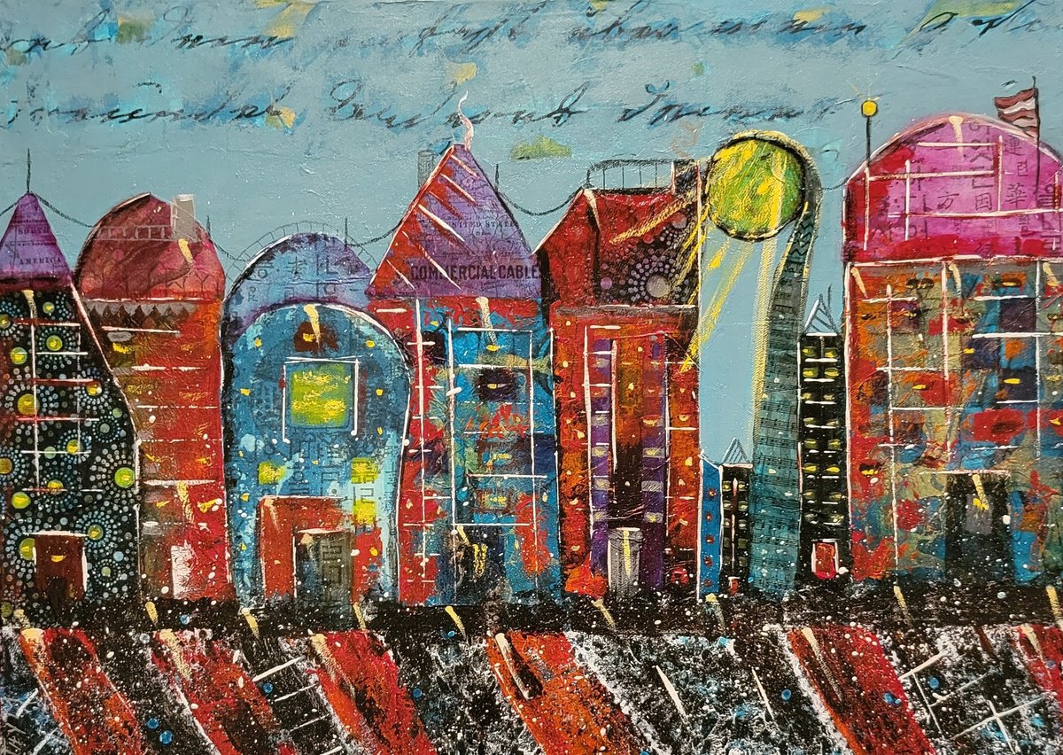 Abstract Cityscapes Painting By Cathy Maiorano, 24 X 18, Funky Town, Original Artwork