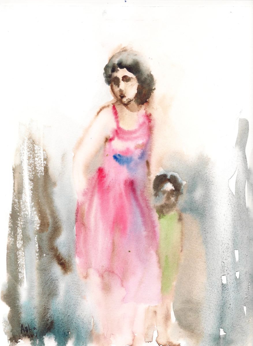 Mother and child - My Mother, my best friend! Watercolor painting 9x 11.5 by Asha Shenoy