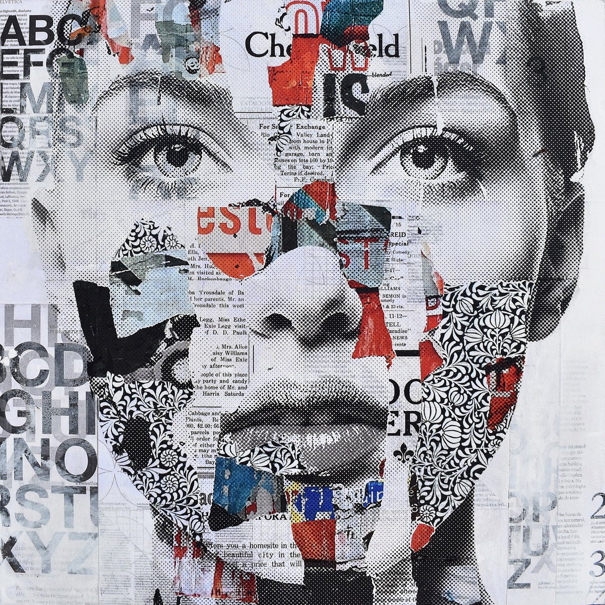 Expressive Portrait Collage By Manel Villalonga, 24 X 24", 307_Torn Portrait, Original Artwork