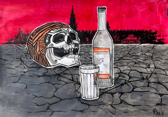 Vanya, vodka, a glass and a salmon, an original acrylic abstract