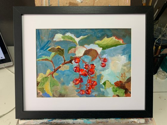 Landscape with red currant berries.