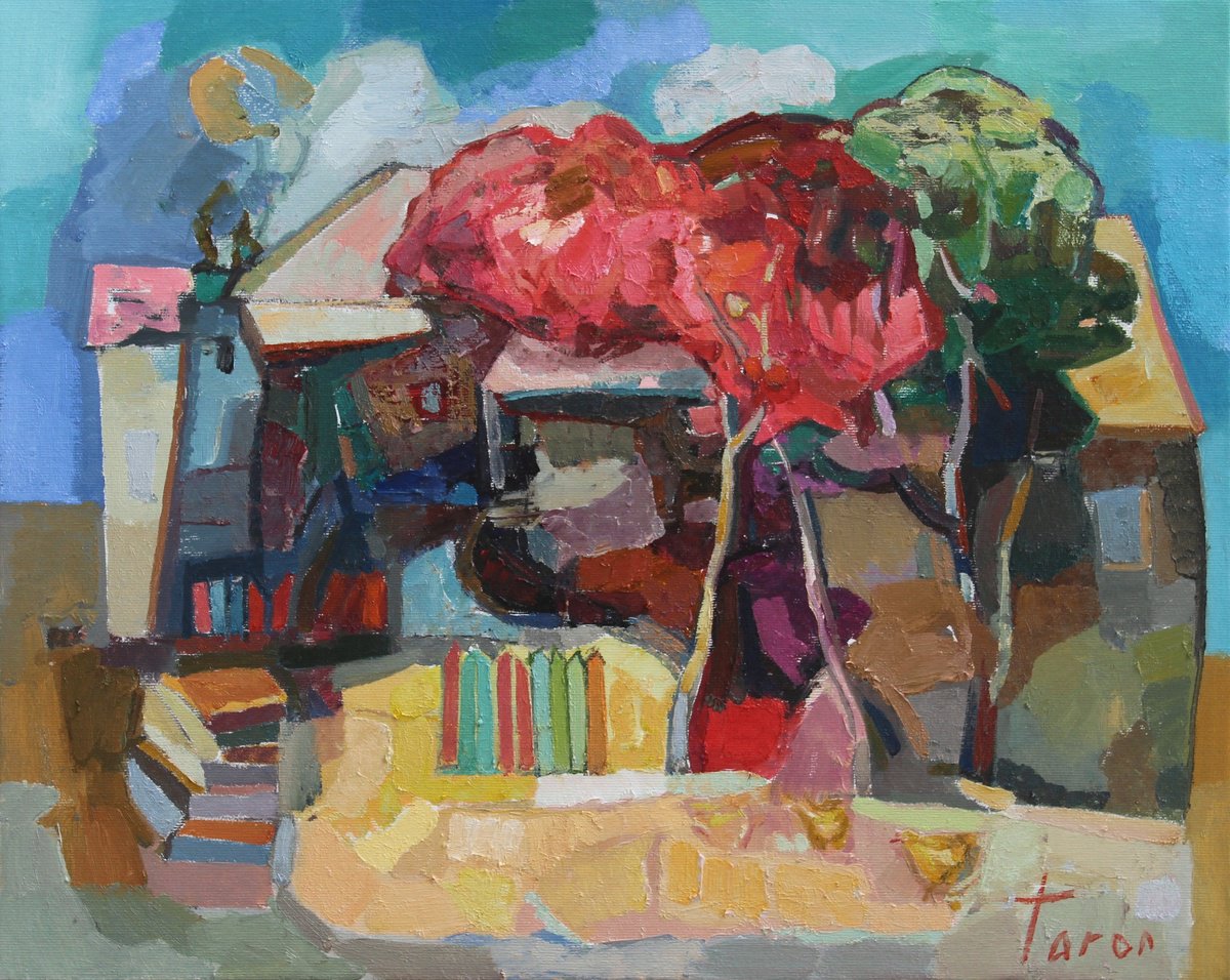 Abstract Landscape Oil Painting By Taron Khachatryan, 20 X 16", Old Courtyard, Original Artwork