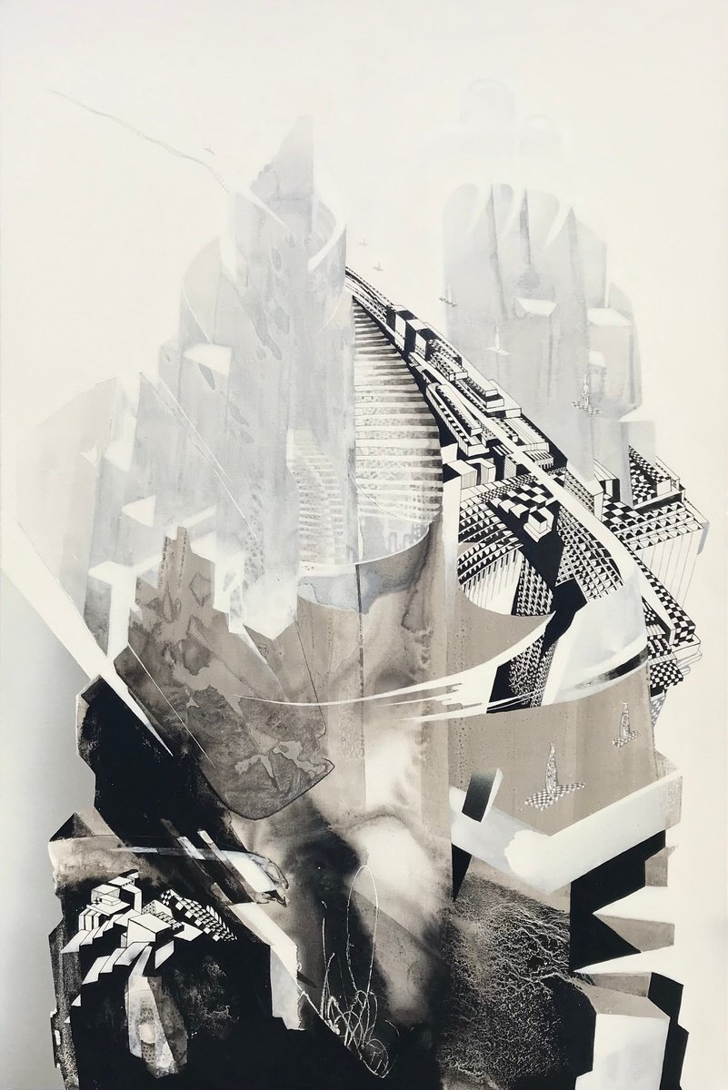 Organic Cityscapes Acrylic Painting By Marina Volkova, 31 X 47", Way To The Star, Original Artwork